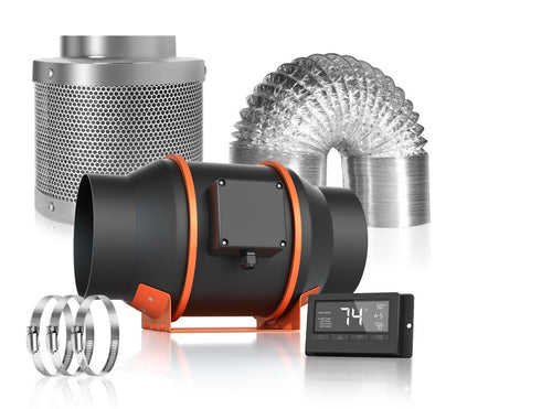Spider Farmer ventilation kit, ractor, in line, duct fan, 4 inch, smart screen, carbon filter, hosing, clamp, energy efficient, well build, EC motor, mininaal geluid, minimal noise, fc certificate, ABS housing, lightweight, ABS blades, best air flow, odor control, 40 watt, 28 db, 2800RPM, temp sensor, humudity sensor, plug-play, quiet operation, comfortable environment, kitchen, basement, home apliances