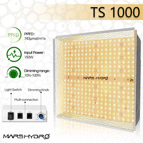 Mars Hydro TS 1000, TS Series, 150 watt 2 g per watt 2.3 mol PPFD 841 full spectrum efficient LED Growlight Groeilicht