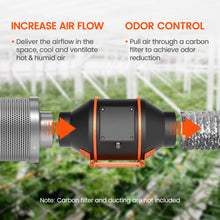 Afbeelding in Gallery-weergave laden, Spider Farmer ventilation kit, ractor, in line, duct fan, 4 inch, smart screen, carbon filter, hosing, clamp, energy efficient, well build, EC motor, mininaal geluid, minimal noise, fc certificate, ABS housing, lightweight, ABS blades, best air flow, odor control, 40 watt, 28 db, 2800RPM, temp sensor, humudity sensor, plug-play, quiet operation, comfortable environment, kitchen, basement, home apliances
